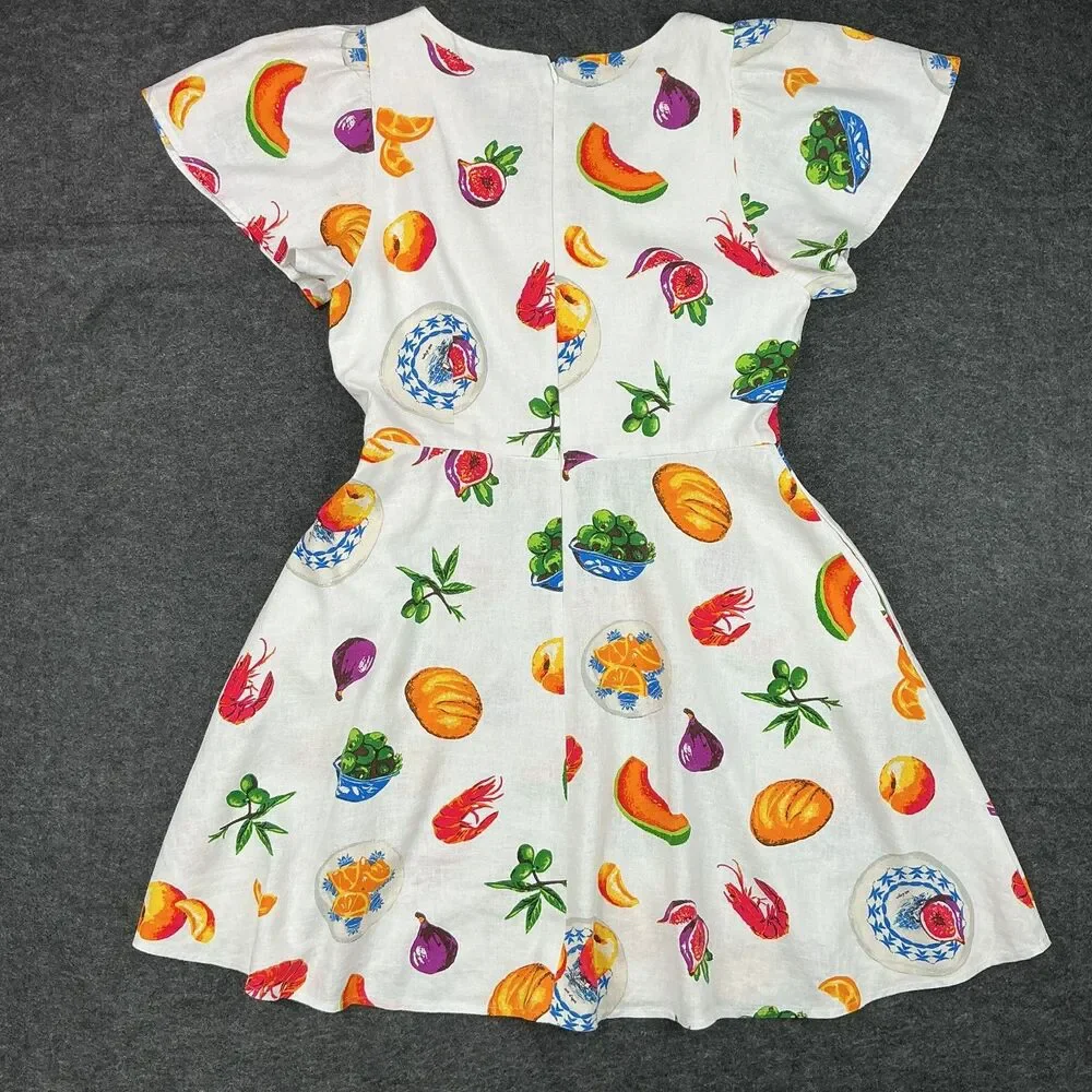 J.Crew Fruit Print Dress Size 6 Linen Blend Quirky Fit Flare Resort Teacher Twee
